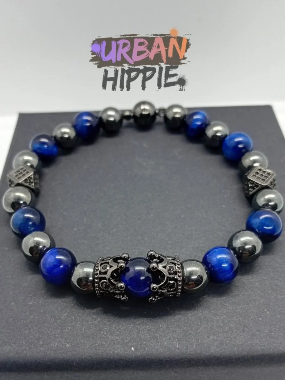 GEMSTONE Men's Double Crown Tiger's Eye & Hematite Beaded Bracelet Magnet Clasp